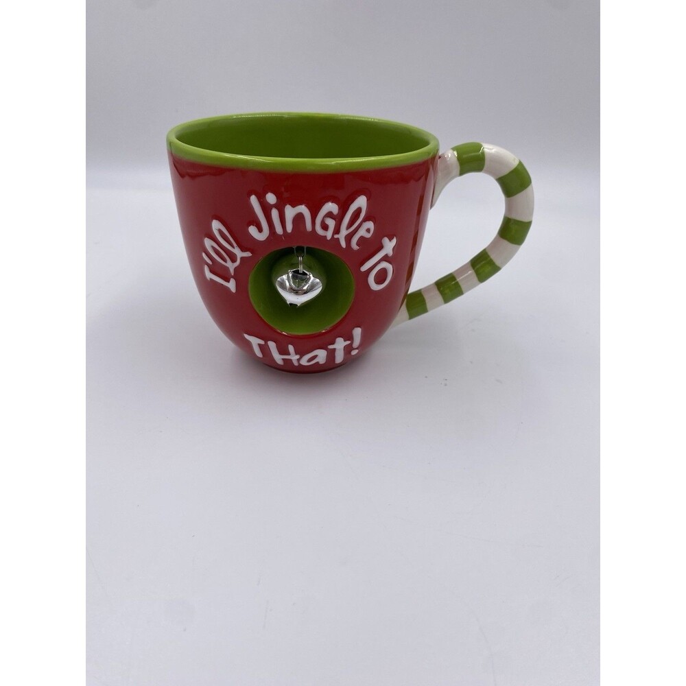 Hallmark I'll Jingle to That Bell Coffee Mug Striped Handle Working Bell
